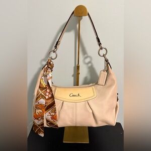 Coach 2014 Beige Leather Shoulder Bag with yellow accents in silver tone!